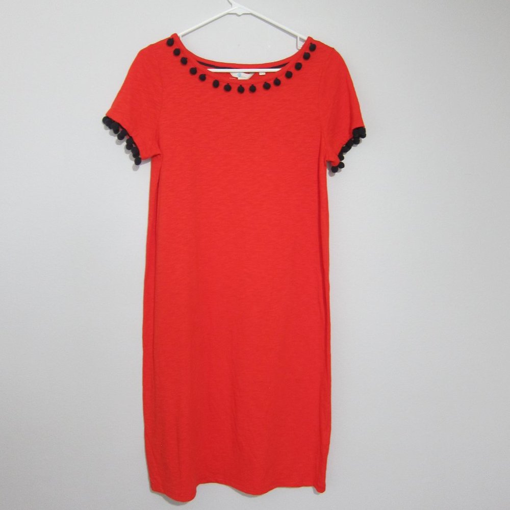 Boden Bridget Jersey Pom Pom Dress Orange 6R Shift Short Sleeve Cotton New